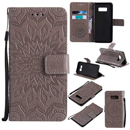 Galaxy S8 Case, KKEIKO® Galaxy S8 Flip Leather Case [with Free Tempered Glass Screen Protector], Shockproof Bumper Cover and Premium Wallet Case for Samsung Galaxy S8 (Grey)