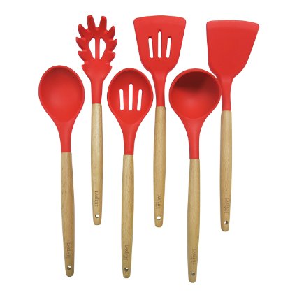 6 Pc. Eco-Friendly Beech Wood and Silicone Kitchen Utensil Set by Laxinis World, Red Silicone, Includes Soup Ladle, Slotted Turner, Flat Turner, Server Spoon, Slotted Spoon, and Spaghetti server