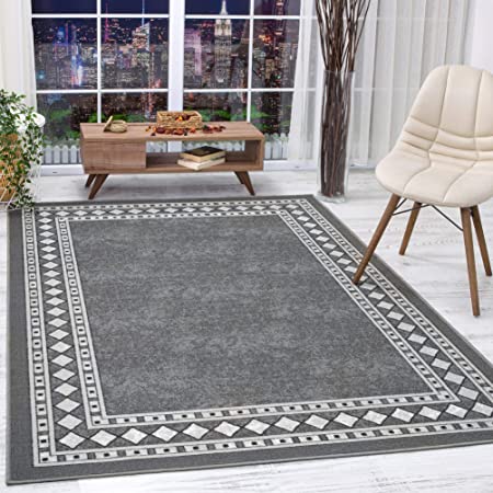 Antep Rugs Alfombras Modern Bordered 3x5 Non-Skid (Non-Slip) Low Profile Pile Rubber Backing Indoor Area Rugs (Gray, 3' x 5')