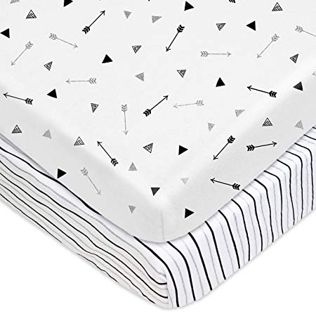 TL Care 2 Piece Printed 100% Cotton Jersey Knit Fitted Pack N Play Playard Sheet, Silver Black Arrow/Stripe