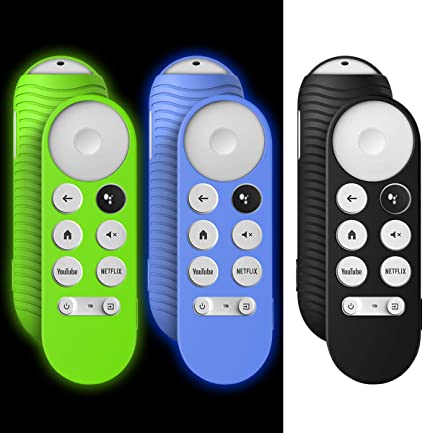 [3 Pcs] Case for Chromecast with Google TV 2020 Voice Remote, Shockproof Silicone Protective Cover for 2020 Chromecast Voice Remote, Washable, Anti-Lost with Loop (Black   Glow Blue   Glow Green)