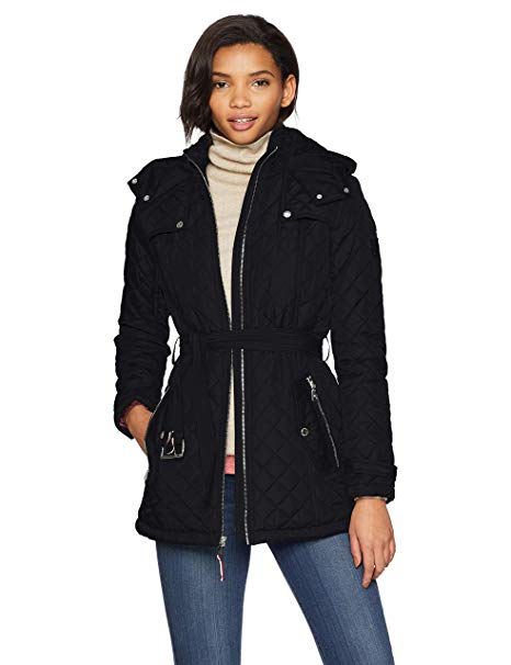 Tommy Hilfiger Women's Zip Front Belted Diamond Quilt Hooded Jacket