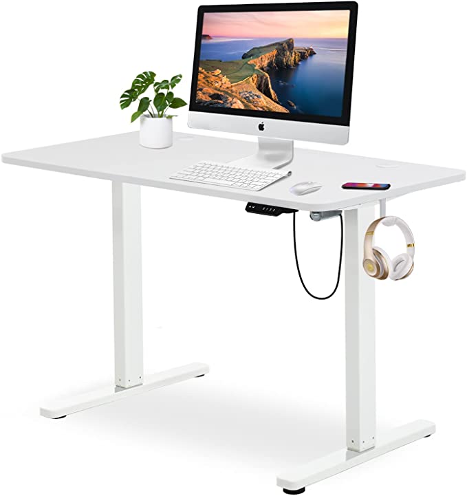 Standing Desk, Height Adjustable Desk with Control Panel & Headphone Hook, Sit Stand Desk for Home Office,Electric Standing Desk (140 x 70 cm,White Frame  White Desktop)
