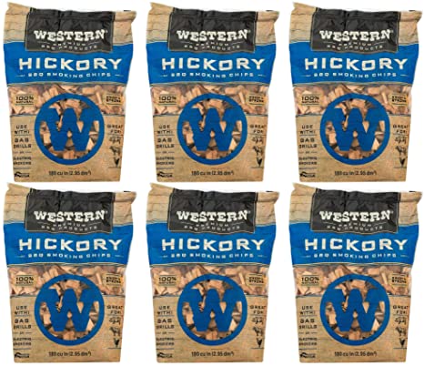 Western Premium BBQ 180 Cubic Inch Hickory Barbecue Flavorful Heat Treated Grilling Smoking Wood Chips for Charcoal Gas and Electric Grills (6 Pack)