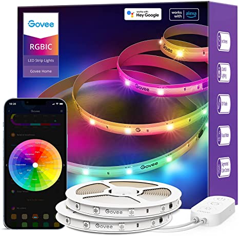 Govee 65.6ft RGBIC Alexa LED Light Strip, Smart LED Lights Work with Alexa and Google Assistant, Segmented DIY, Music Sync, WiFi App Control Color Changing LED Strip Lights for Bedroom, Living Room