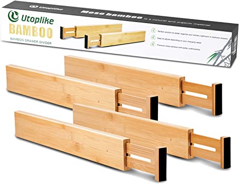 Utoplike Bamboo Kitchen Drawer Dividers Adjustable Drawer Organizers,Spring Loaded,Works in Kitchen,Dresser,Bathroom,Bedroom,Baby Drawer,Desk (Set of 4)