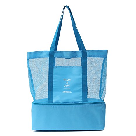 MEJOY Handheld Lunch Bag Insulated Cooler Picnic Bag Mesh Beach Tote Bag Food Drink Storage blue