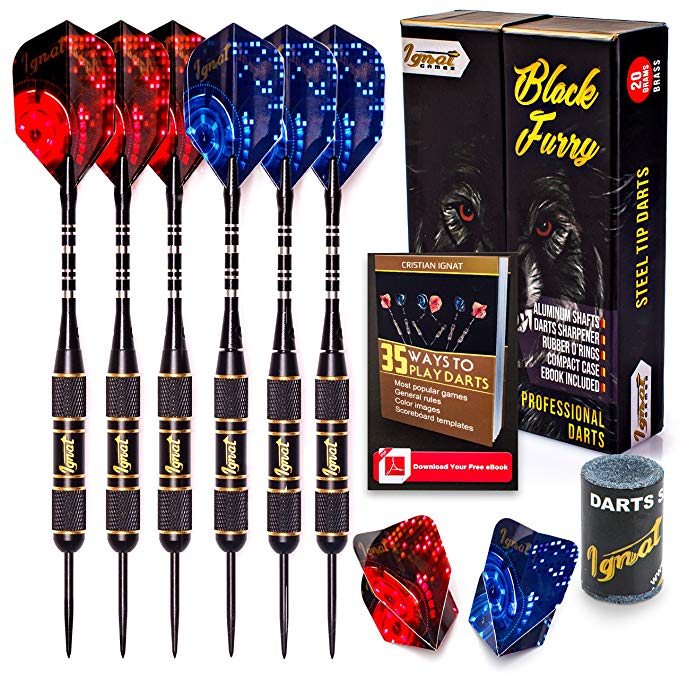 Ignat Games Steel Tip Darts - Professional Darts with Aluminum Shafts and Different Style Flights   Dart Sharpener   Case (6 Black Furry)