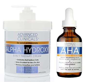 Advanced Clinicals Alpha Hydroxy Acid Skin Care Set. Anti-aging set includes Alpha Hydroxy Acid Serum (1.75 Fl oz) & Alpha Hydroxy Acid Cream for Face and Body (16 oz)