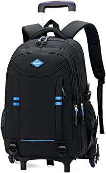 Yookeyo Rolling Backpack for Boys Elementary School Bag with Wheels Travel Trolley Bag 2 wheels and 6 wheels, Black/Blue 6 Wheels