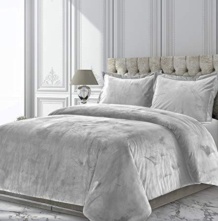 Tribeca Living VENICEDUVETKISI Venice Velvet Oversized Solid Duvet Set, King, Silver Grey