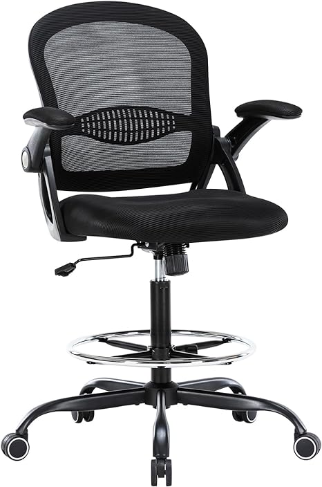 Drafting Chair with Footrest Tall Office Chair for Standing Desk Chairs with Flip-up Armrests Mesh Executive Chair Ergonomic Computer Standing Desk Chair with Lumbar Support (Black with Footrest)