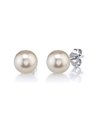 THE PEARL SOURCE 14K Gold Round White Freshwater Cultured Pearl Stud Earrings for Women