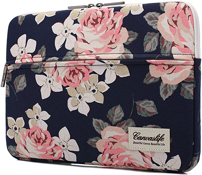 Canvaslife White Rose Patten Canvas Laptop Shoulder Messenger Bag Case Sleeve for 11 Inch 12 Inch 13 Inch Laptop and Macbook Air Pro 11 /12/ 13