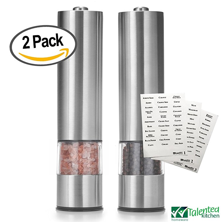 Set of 2 Salt and Pepper Mill Electric Grinders with Spice Labels. Heavy Duty Brushed Stainless Steel. For Spices and Gourmet Table Seasoning: Black Peppercorns, Himalayan Salt, Red Pepper Flakes Etc