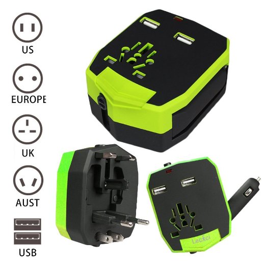 Lecxci AC Universal World Travel Adaptor with 2 USB Ports for Mobile Phone/Tablet/Camera/Laptop/Shaver Best All in One International Travel Plug Adapter Power Wall Charger US/UK/Australia/Europe with Car Charger (Green)