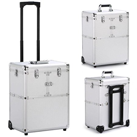 Yaheetech Professional Rolling Makeup Case Cosmetic Train Box Trolley w/ Hand,1 well-designed mirror included, 19’’, Silver