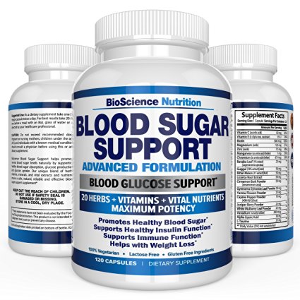 Blood Sugar Support Supplement - Control Blood Glucose & Weight Loss - 20 HERBS & Multivitamin containing Multiple Vitamin Mineral Combinations with Alpha Lipoic Acid & Cinnamon - BioScience Nutrition