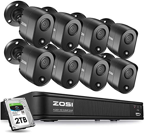 ZOSI 5MP 8 Channel Security Camera System for Home, H.265  CCTV DVR with Hard Drive 2TB and 8 x 5MP Surveillance Bullet Camera Outdoor Indoor with PIR Motion Sensor,Remote Access