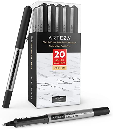 Arteza Gel Ink Roller Ball Pens, Pack of 20 Black Pens for Bullet Journaling, Waterproof, 0.5mm Fine Point Rollerball for Writing, Taking Notes & Sketching