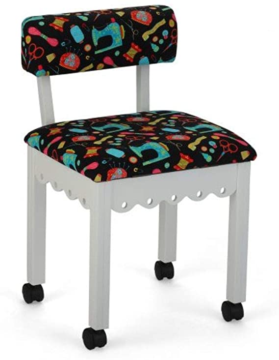 Arrow 7011B Wood Sewing and Craft Chair with Gingerbread Design and Under Seat Storage, Print Upholstery Fabric by Riley Blake, White with Black Notions Print Fabric
