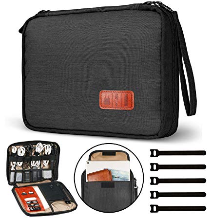 GiBot Cable Organiser Bag, Travel Electronics Accessories Bag Organiser for Cables, Flash disk, USB drive, Charger, Power Bank, Memory Card, Headphone and iPad Mini, Double Layer, Black