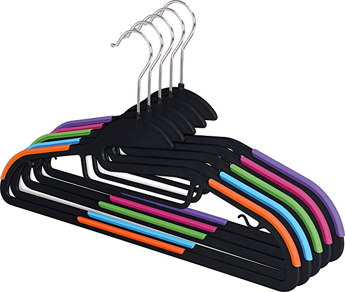 Zoyer TPR Plastic Hangers (30 Pack) Multifunctional Light-Weight Clothes Hangers Premium Quality S-Shape Non-Slip Suit & Shirt Hangers With Tie Bar, Strap Hooks, 360 Chrome Swivel (Multi Color Black)