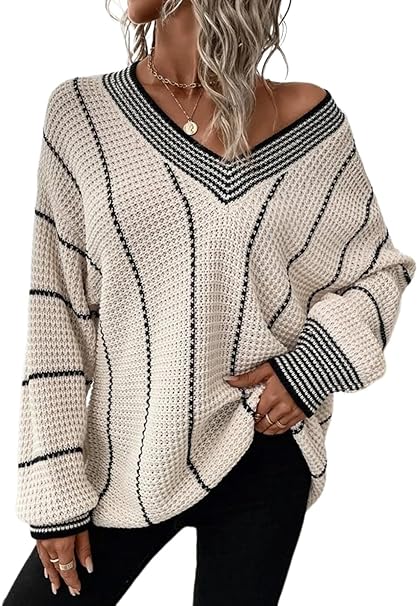 Dokotoo Womens Oversized Striped Tunic Long Sleeve Sweaters Casual V Neck Color Block Knit Pullover Jumper Tops