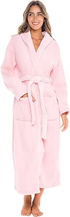 Alexander Del Rossa Women's Plush Fleece Hooded Bathrobe, Full Length Long Warm Lounge Robe with Hood