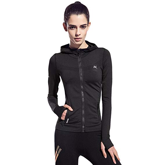 SEEU Womens Sports Jacket with Hood, Full-Zip Long Sleeve Activewear with Size Pockets