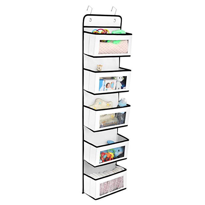 Magicfly Over The Door Organizer and Storage with 5 Large Clear Window Pocket, Wall Mount Hanging Organizer for Pantry Baby Nursery Bathroom Closet Dorm, Polka-Dot White