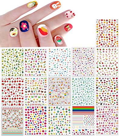 New 16 Large Sheets Nail Stickers for Women Kids Teens Little Girls Self Adhesive Nail Decals for Nail Art Decoration Include Flowers Butterfly Plants Leaves Fruits Rainbow Animals and More