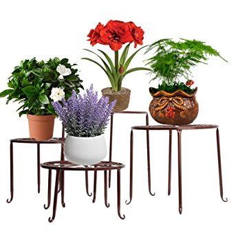 AISHN Metal 4 in 1 Potted Plant Stand Floor Flower Pot Rack/Round Iron Plant Stands, Scroll Pattern (Bronze)