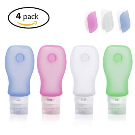 Hictech Squeezable & Refillable Portable Silicone Travel Bottles Containers W/ Suction Cup - For Shampoo Conditioner Lotion Toiletries, TSA Approved BPA free - 4 Pack 3OZ   3 Silicone Toothbrush Cases