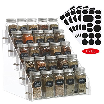 AmHoo Acrylic Spice Rack with 25 Clear Glass Jar Bottles and 80 Chalkboard Labels - 5 Tiers Kitchen Spice Rack Organizer