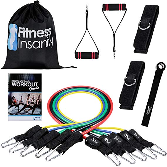 Fitness Insanity Resistance Band Set - Include 5 Stackable Exercise Bands with Waterproof Carrying Case, Door Anchor Attachment, Legs Ankle Straps and Exercise Guide eBook - 100% Life Time Guarantee