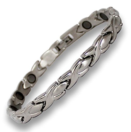 BEAUTIFUL LADIES CLASSIC SILVER MAGNETIC BRACELET WITH FOLD-OVER CLASP. Arthritis Aid.12 Super Strength Magnets Each 3000 Gauss. Natural Pain Relief Rheumatism, RSI, Tendonitis, Carpal Tunnel Syndrome, Sports Injuries. INCLUDES FREE MAGNETIC THERAPY EBOOK
