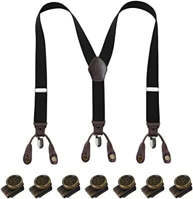 Braces for Men Trousers Heavy Duty, 2 in 1 Mens Braces 35MM Wide Suspenders with Strong Clips and No Sew Moveable Button Clips Elasticated Cross Braces Adjustable Y-Back Genuine Leather Trimmed Button