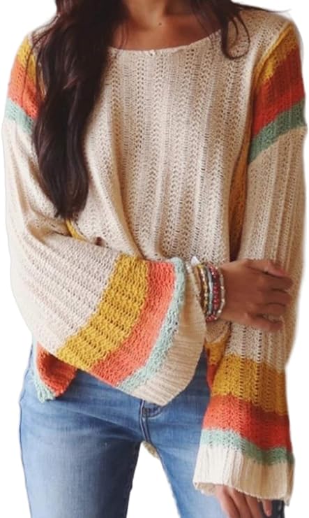 Dokotoo Womens 2023 Cute Summer Fall Color Block Striped Lightweight Comfy Cable Knit Beach Pullover Sweaters