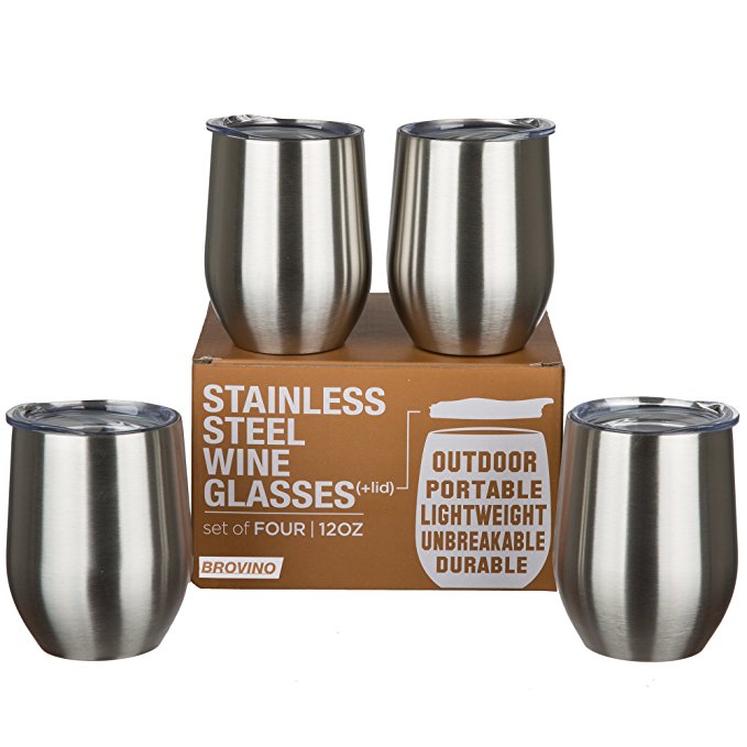 Stainless Steel Wine Glasses with Lid (Set of 4) - 12 oz Double Walled Insulated Outdoor Wine Tumblers - 100% Unbreakable & Stemless - Drinkware Set for: Wine, Coffee, Water