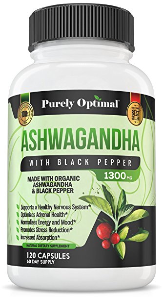 Organic Ashwagandha Root Powder Supplement 1300 mg - 120 Veggie Capsules - Certified Organic Ashwagandha and Black Pepper Extract for Increased Absorption- Adrenal Support, Stress Relief