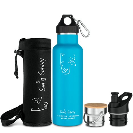 SWIG SAVVY Double Walled Vacuum Insulated Stainless Steel Water Bottle Blue 20 OZ with 3 Interchangeable Caps