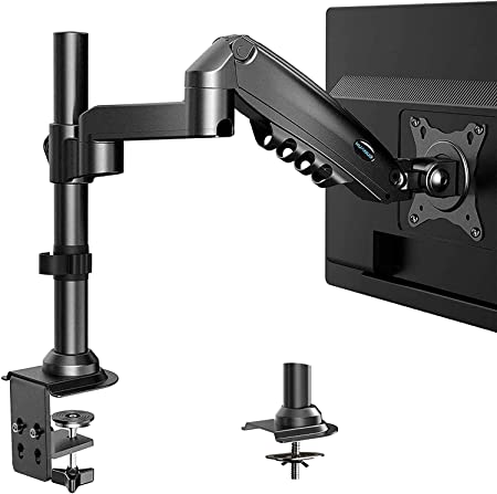 HUANUO Single Monitor Stand - Gas Spring Single Arm Monitor Desk Mount Fit 17 to 32 inch Screens, Height Adjustable VESA Bracket with Clamp, Grommet Mounting Base, Hold up to 19.8lbs