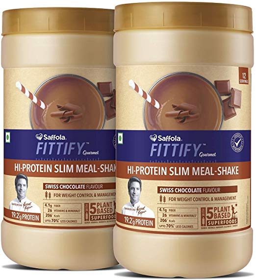 Saffola FITTIFY  Hi Protein Slim Meal-Shake, Meal Replacement with 5 superfoods, Swiss Chocolate, 420 gm (12 servings) -Buy One Get One Free