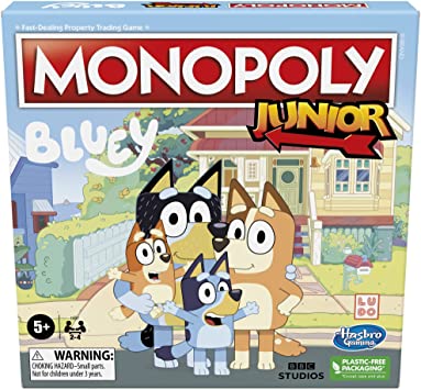 Hasbro Gaming Monopoly Junior: Bluey Edition Board Game for Kids Ages 5 , Play as Bluey, Bingo, Mum, and Dad, Features Artwork from The Animated Series (Amazon Exclusive)