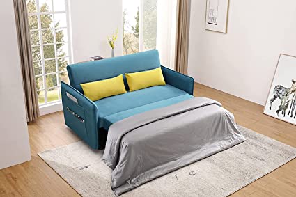 GAOPAN Soft Velvet Loveseat Convertible Pull-Out Couch Bed Sleeper Sofa SofáBed Sleepe CouchBed for Living Room & Apartment Small Space, with 2 Lumbar Pillow and Storage Bags, Lake Blue