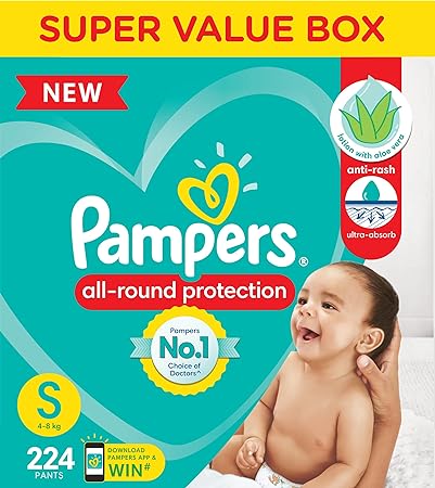 Pampers All round Protection Pants, Small size baby Diapers, (S) 224 Count Lotion with Aloe Vera