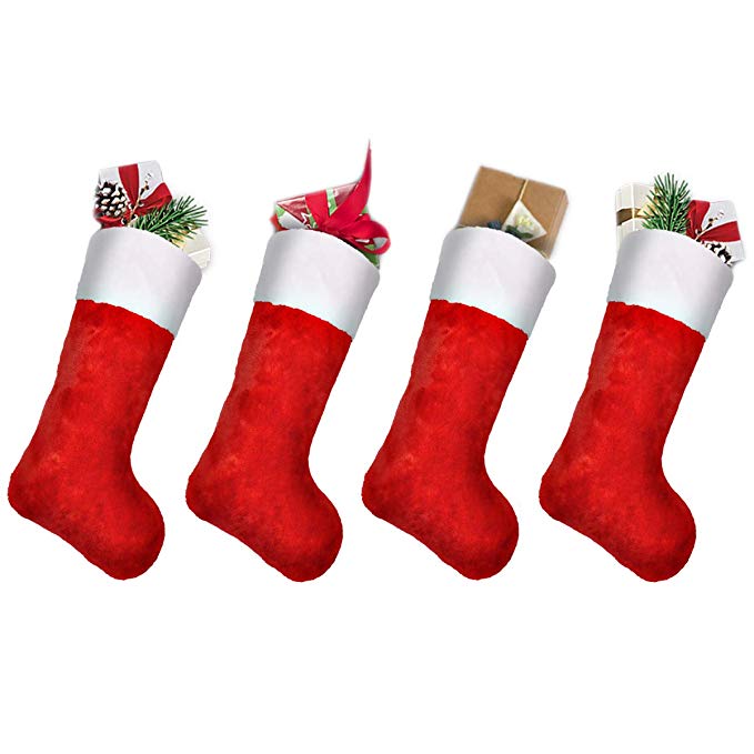 Ivenf Christmas Stockings, 4 Pack 19 Inch Classic Red & White Plush Mercerized Velvet Stockings, for Family Holiday Xmas Party Decorations