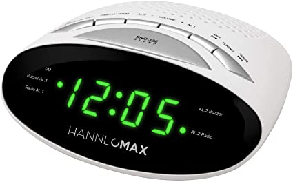 HANNLOMAX HX-116CR Alarm Clock Radio, PLL AM/FM Radio, Dual Alarms, Green LED 0.6 Inches Display (White)