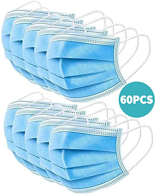 Three Layer Disposable Face Protective, Anti Spittle Waterproof Dustproof Breathable with Earloops and Nose Clip, Blue 60PCS